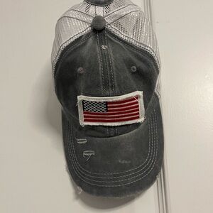 New without tags Ballcap Gray Distressed American Flag Patch with bun hole